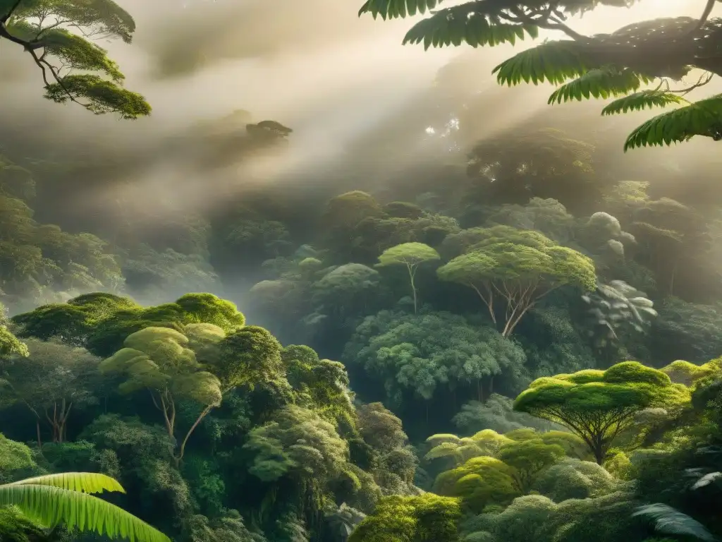 Un bosque lluvioso vibrante con biodiversidad, pájaros y luz solar