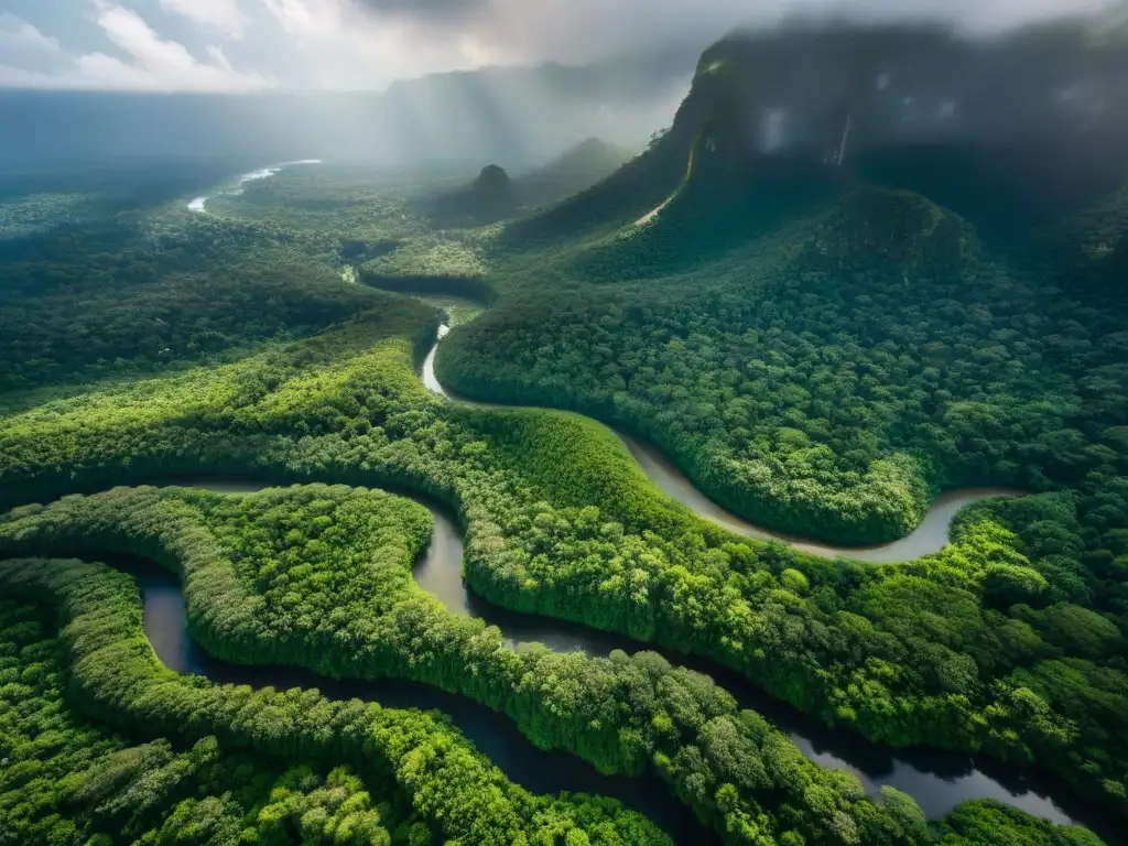 Un bosque tropical denso con luz solar filtrándose entre el dosel, creando patrones de luz y sombra en la exuberante vegetación