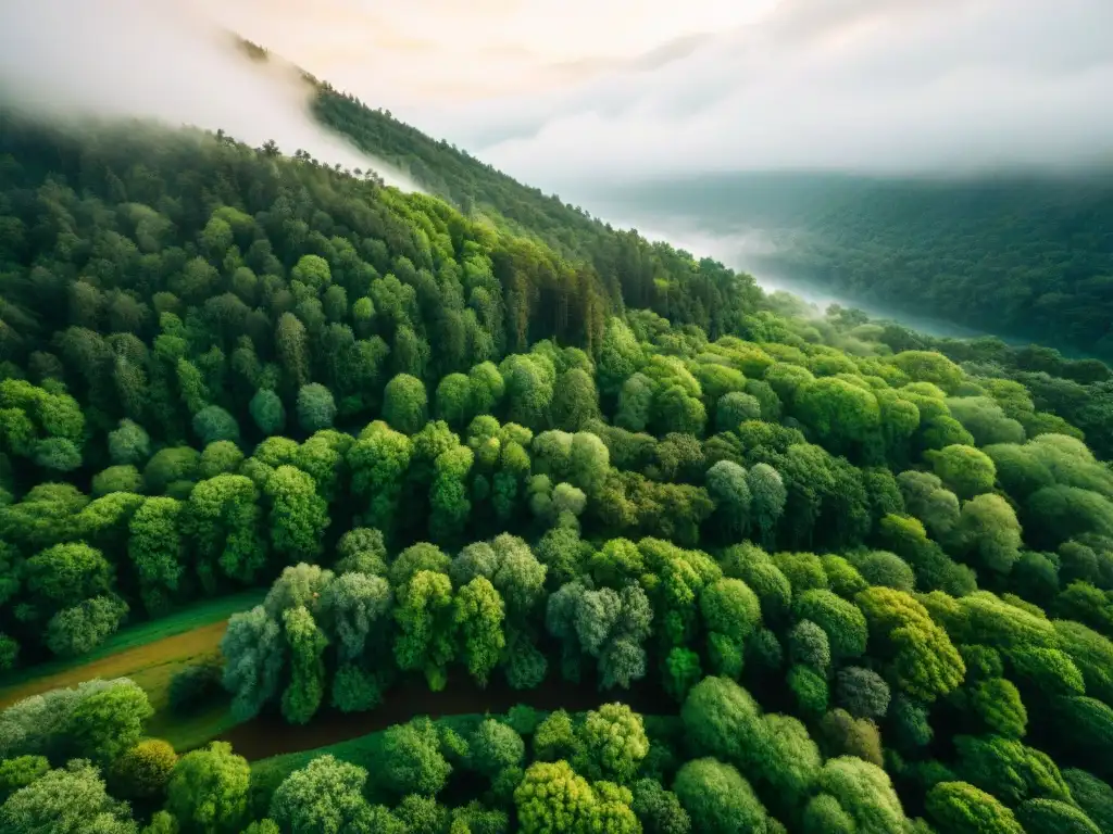 Bosque verde capturado por un dron, con río serpenteando