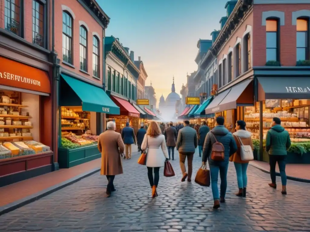 Un bullicioso callejón de ciudad en sepia, tiendas y clientes diversos interactúan, fusionando lo tradicional con análisis geoespacial