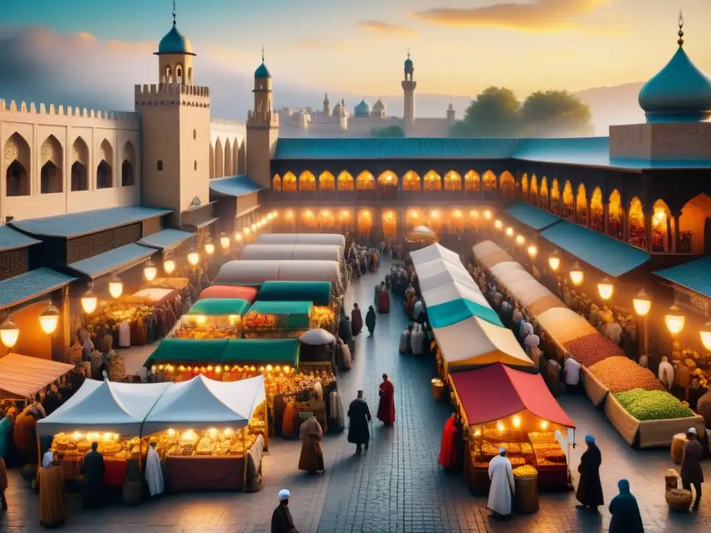 Un bullicioso mercado medieval en una ciudad islámica antigua, donde se aprecian cartógrafos musulmanes en la Edad Media