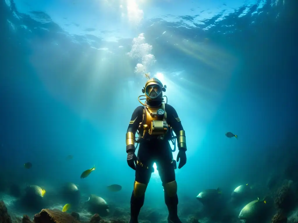 Un buzo del siglo XX desciende hacia las profundidades, rodeado de peces y el Titanic