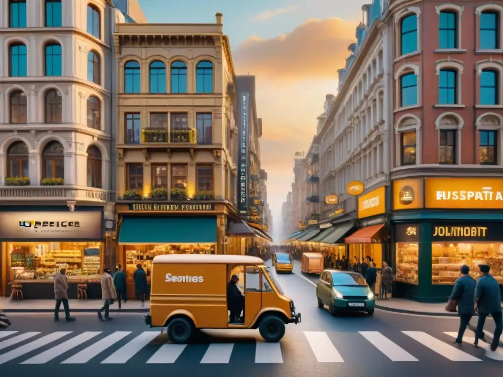 Escena urbana: Calle comercial con repartidores y cafés en sepia Una calle bulliciosa de la ciudad con camiones de entrega y repartidores, creando una atmósfera cálida y nostálgica