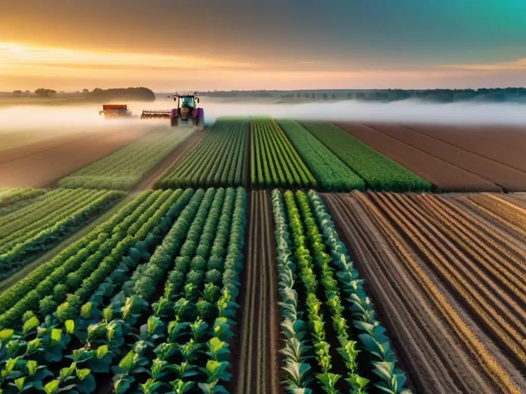 Agricultura moderna al amanecer: precisión y tecnología Un campo agrícola moderno al amanecer, con cultivos y tecnología GNSS