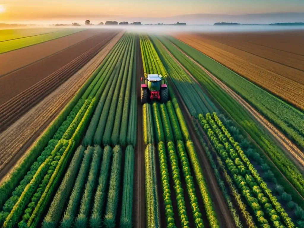 Campo agrícola tecnológico al atardecer: precisión y belleza Campo agrícola de precisión con GNSS: cosecha tecnológica al atardecer, trazado perfecto y cultivos florecientes