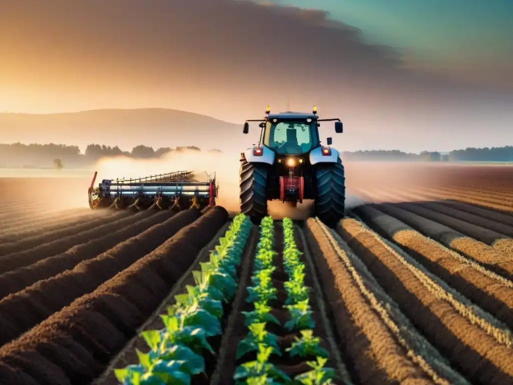Campo agrícola tecnológico al atardecer con tractor GNSS Un campo agrícola vasto al atardecer, con tractor y Agricultura de Precisión con GNSS