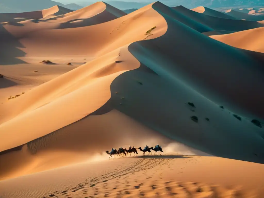 Caravana de camellos en desierto al atardecer, con juego de luces y sombras en la arena dorada