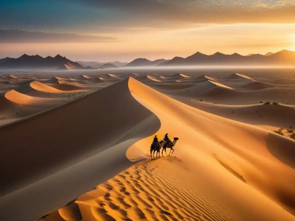 Caravana de camellos en desierto dorado al atardecer, evocando la esencia de las antiguas rutas de caravanas en desierto