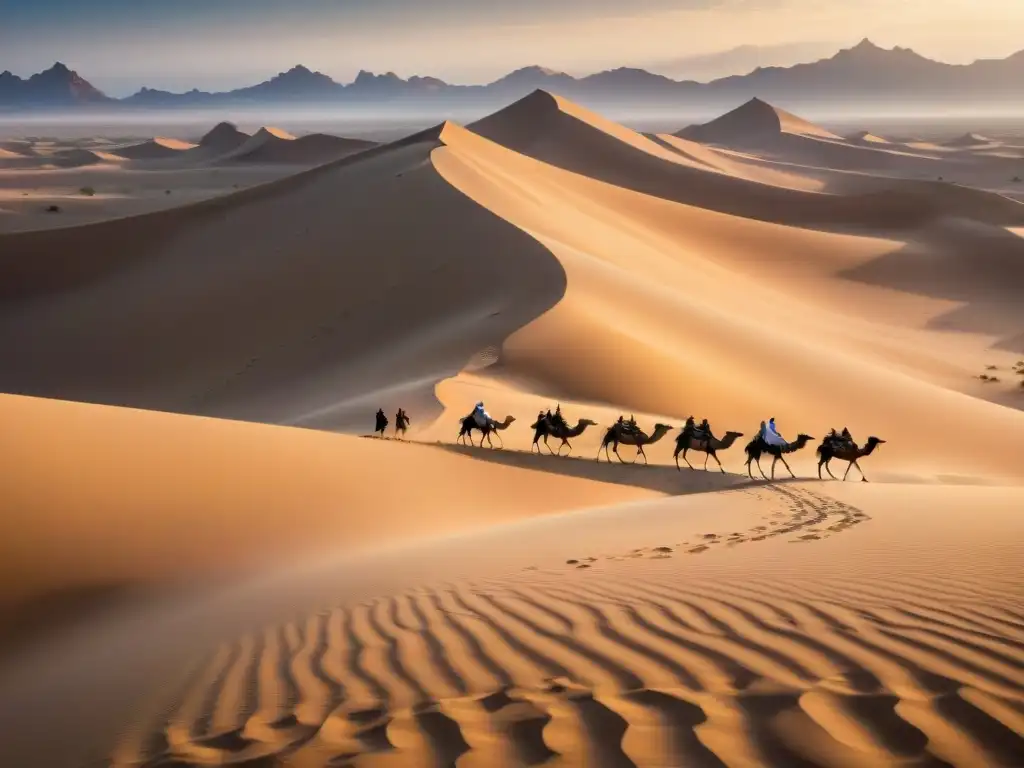 Caravana de camellos en rutas de caravanas en desierto, bajo el sol abrasador