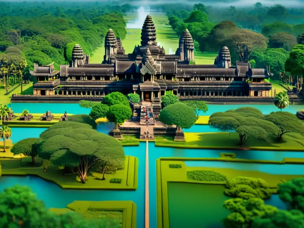 Reconstrucción cartográfica de ciudades antiguas: Detallado mapa sepia de Angkor Wat con majestuosos templos y exuberante vegetación