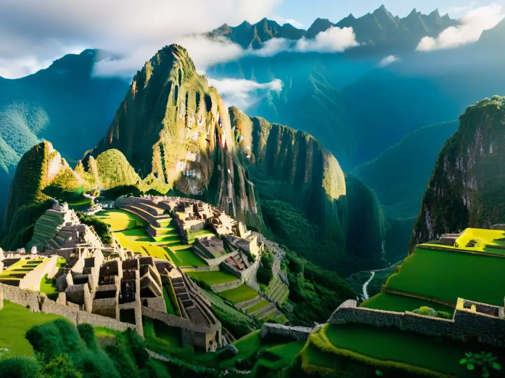 Reconstrucción cartográfica de ciudades antiguas: Ruinas incas entre montañas verdes, destacando Machu Picchu en sepia