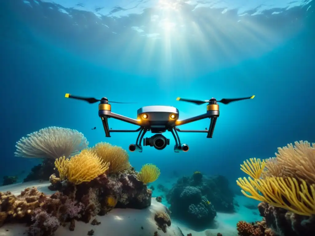 Exploración cartográfica de profundidades oceánicas: Drone submarino mapeando el fondo marino entre peces bioluminiscentes y corales