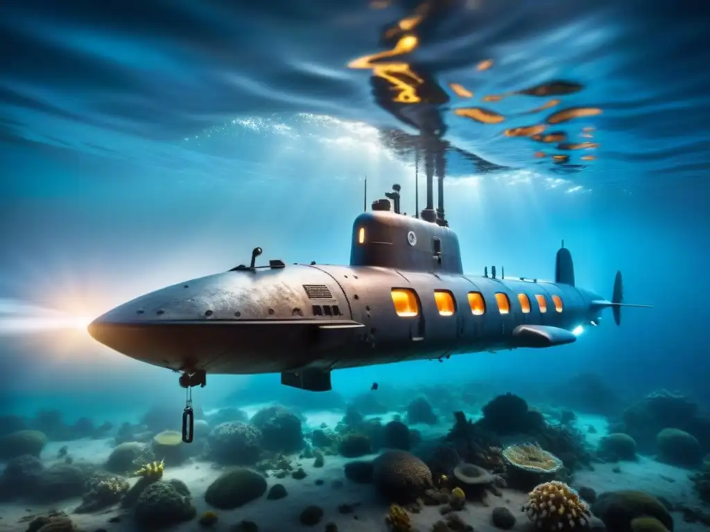 Exploración cartográfica de profundidades oceánicas: un submarino futurista desciende hacia aguas oscuras, rodeado de criaturas bioluminiscentes