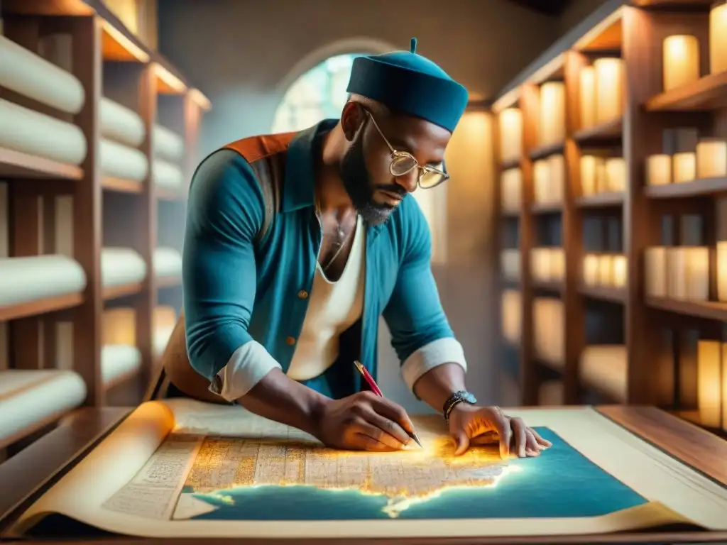 Mapmaker medieval elaborando un antiguo mapa detallado en pergamino Un cartógrafo antiguo dibuja un detallado mapa en pergamino, rodeado de mapas antiguos y herramientas de navegación