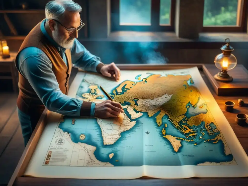 Mapmaker antiguo creando detallado mapa en pergamino Un cartógrafo antiguo dibuja un detallado mapa en pergamino, rodeado de herramientas de cartografía en una habitación tenue