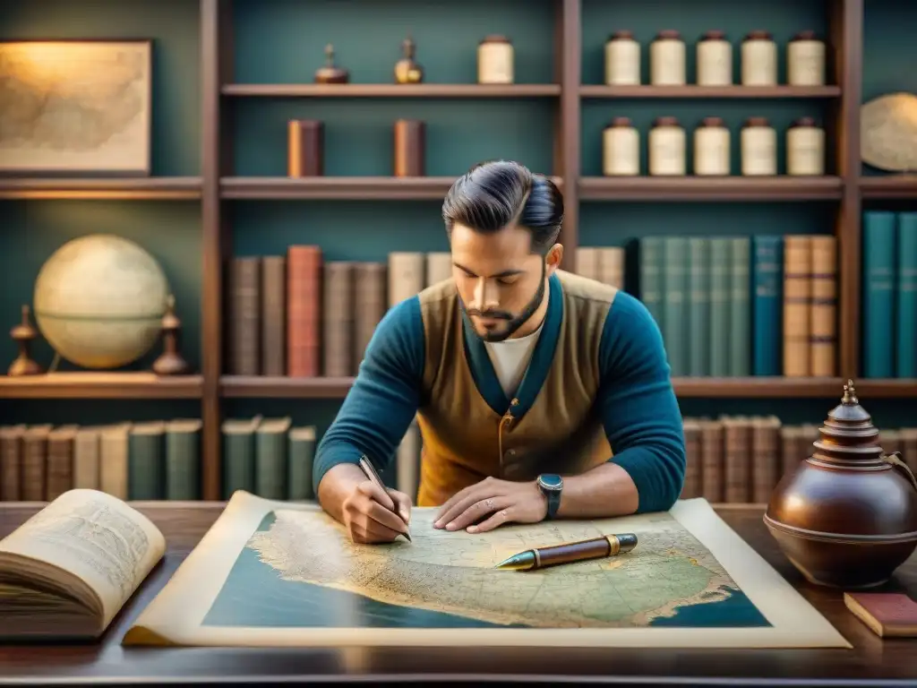 Cartógrafo ancestral trazando un mapa en pergamino Un cartógrafo antiguo experto traza un mapa detallado en pergamino, rodeado de herramientas de cartografía