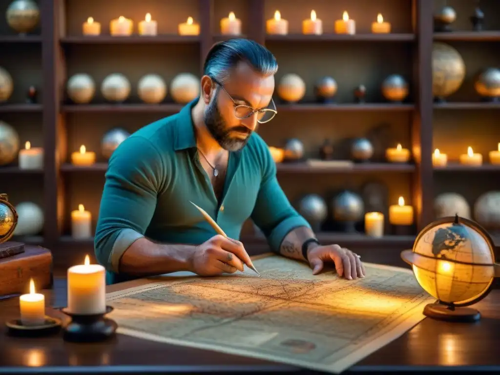 Un cartógrafo antiguo con instrumentos de navegación rodeado de mapas y globos terráqueos, iluminado por una vela