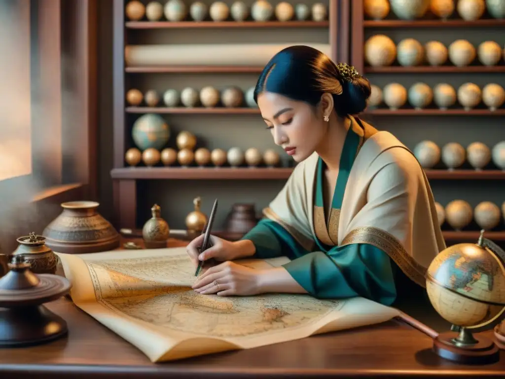 Un cartógrafo antiguo elaborando un mapa detallado en pergamino con pluma, rodeado de instrumentos antiguos