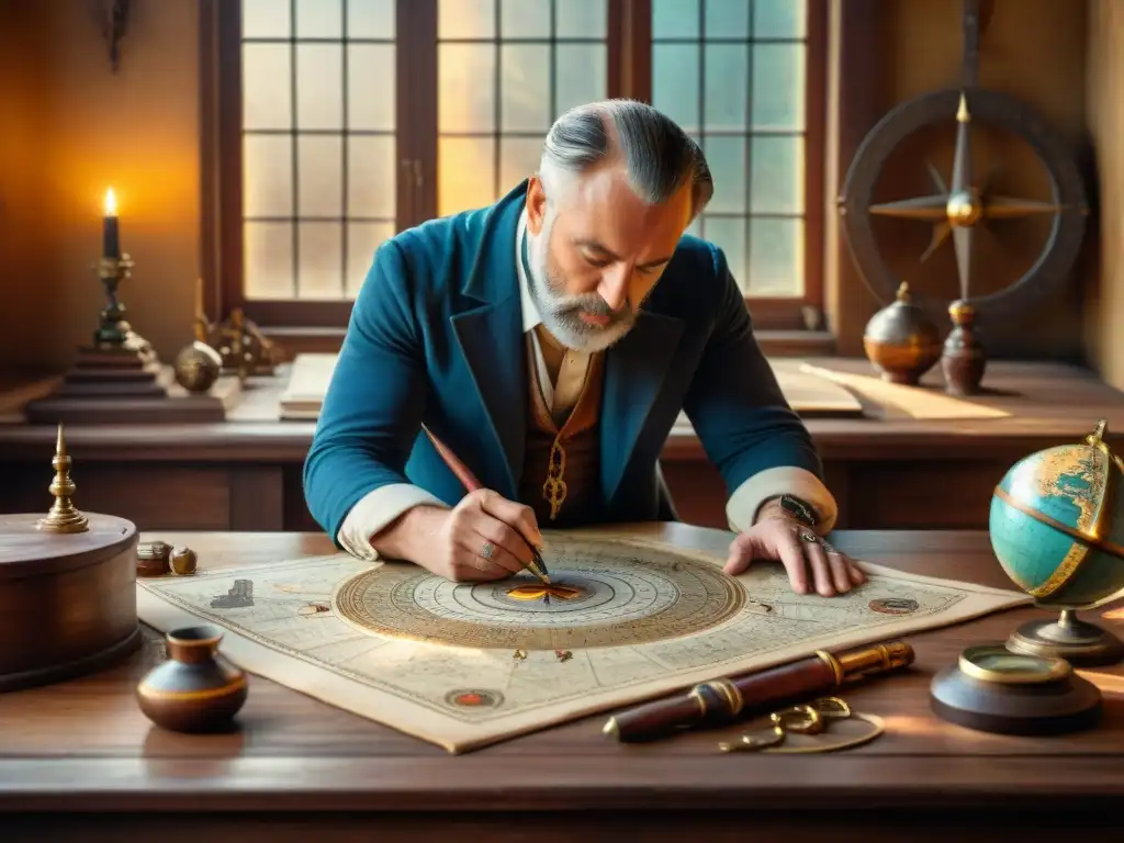 Un cartógrafo antiguo elaborando un mapa detallado en una mesa de madera, rodeado de herramientas de navegación