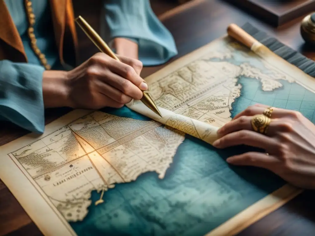 Un cartógrafo antiguo elaborando un mapa detallado en pergamino con una pluma, rodeado de herramientas antiguas