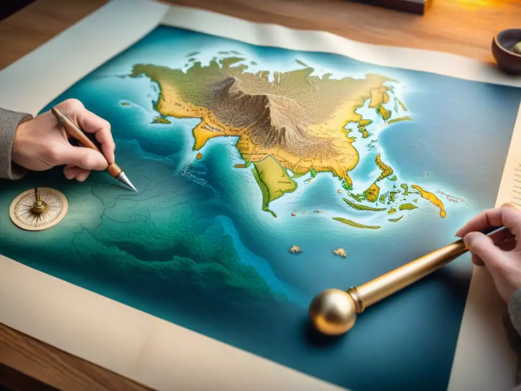 Arte cartográfico: el cartógrafo antiguo traza con precisión Un cartógrafo antiguo crea un mapa detallado rodeado de herramientas, mostrando la evolución de la cartografía digital