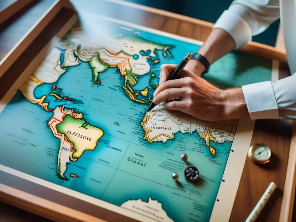 Maestro cartógrafo trazando mapas antiguos con detalle Un cartógrafo antiguo crea detalladamente un mapa a mano rodeado de herramientas de cartografía, reflejando la evolución de los mapas