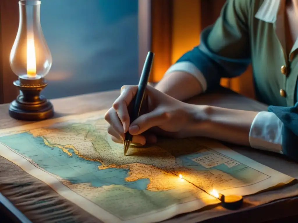 Un cartógrafo antiguo traza un mapa en pergamino en una habitación atmosférica con protección de datos en mapas
