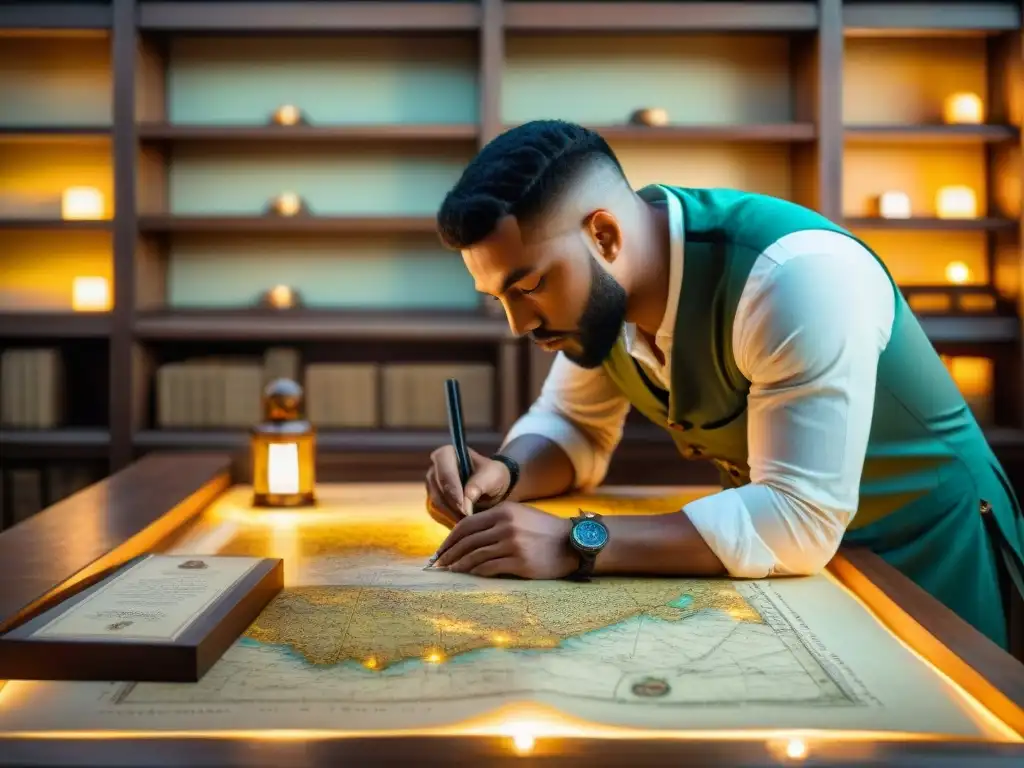 Un cartógrafo antiguo dibuja detalladamente un mapa en pergamino, rodeado de antiguos mapas y brújulas, iluminado por la luz cálida de velas