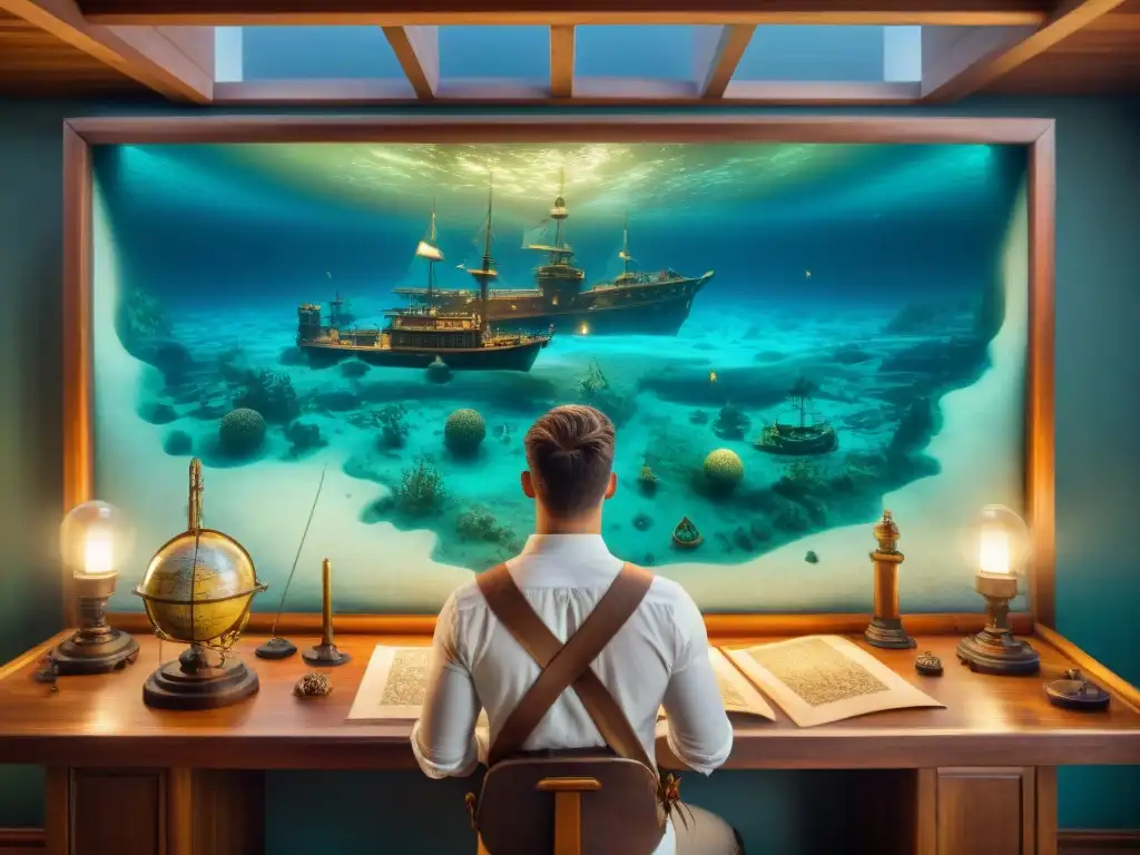 Cartógrafo del mar: Detalles misteriosos en antiguo mapa sepia Un cartógrafo antiguo traza mapas detallados del fondo marino rodeado de instrumentos náuticos