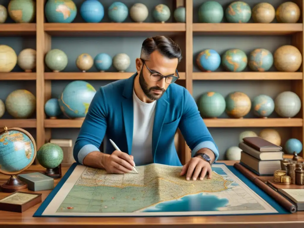 Un cartógrafo antiguo crea mapas detallados a mano rodeado de herramientas, mapas y globos, simbolizando la evolución de la cartografía digital