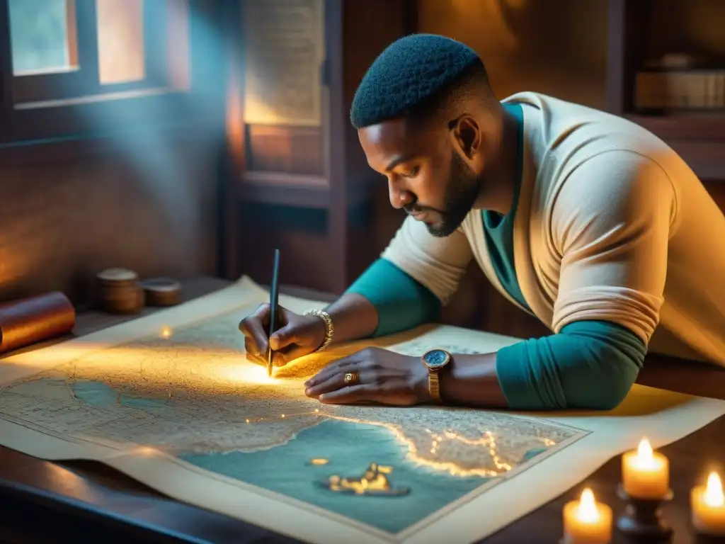 Un cartógrafo dibuja detallado mapa antiguo a mano en sala llena de instrumentos, resaltando la importancia de la cartografía histórica