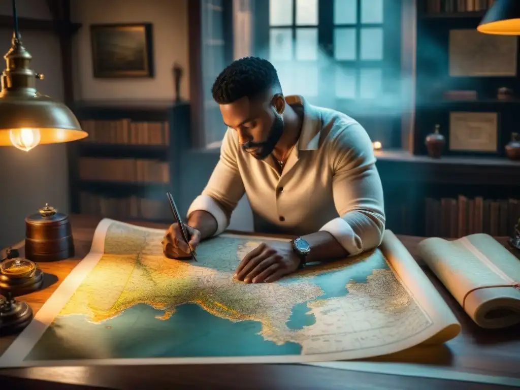 El cartógrafo detallado: creando mapas en sepia Un cartógrafo detallado traza un mapa en pergamino rodeado de herramientas antiguas en una habitación histórica y llena de conocimiento