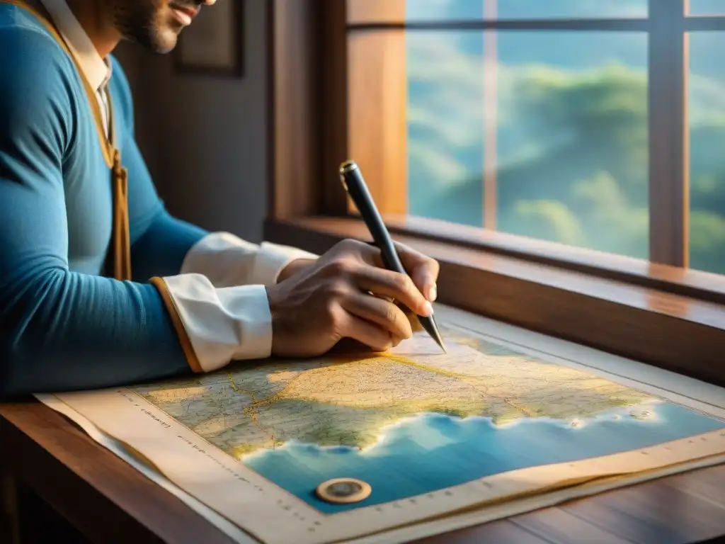 Un cartógrafo dibuja con detalle en un pergamino rodeado de mapas antiguos y brújulas, iluminado por luz natural