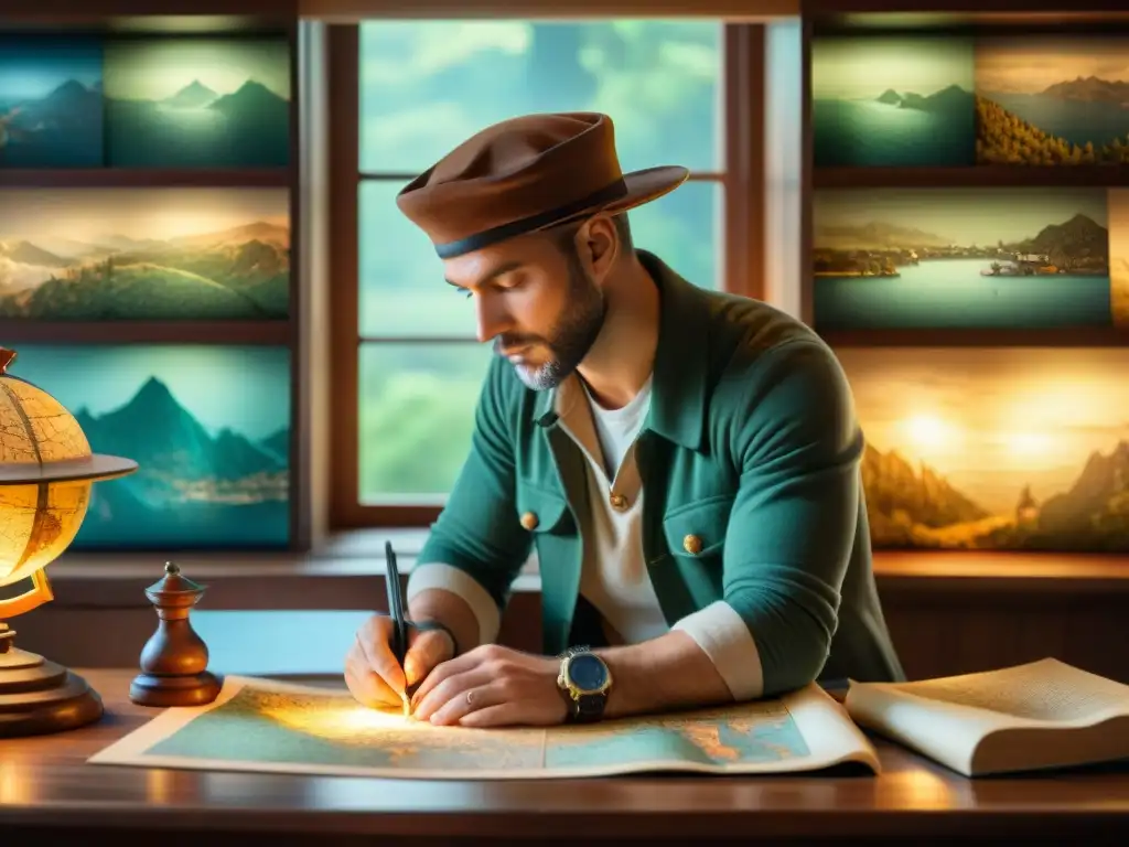 El cartógrafo detallista: creando mapas con pasión y precisión Un cartógrafo detallista traza un mapa a mano en un estudio vintage lleno de herramientas y libros antiguos, en un ambiente nostálgico y académico