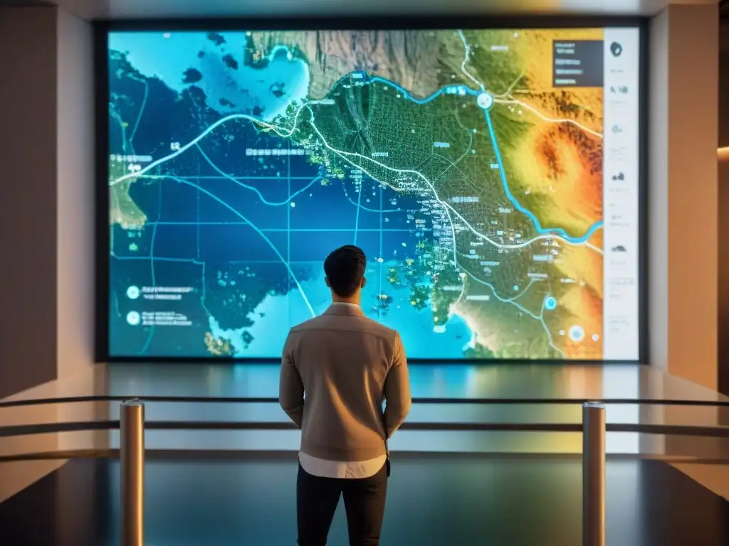 Un cartógrafo digital analiza datos en una pantalla de alta resolución rodeado de tecnología futurista y mapas en las paredes