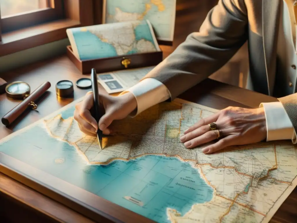 Escritorio de cartógrafo vintage: Detalles sepia impecables Un cartógrafo digital influido por la evolución del oficio, detallando mapas antiguos
