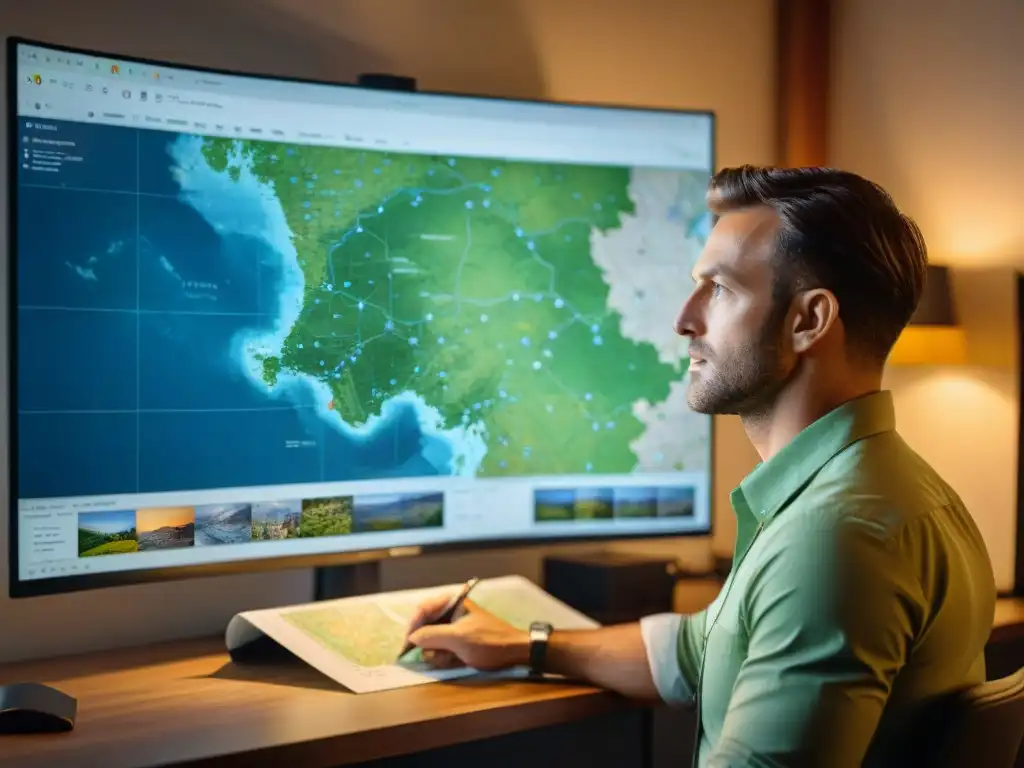 Un cartógrafo experto trabaja meticulosamente en un detallado mapa con QGIS en una habitación llena de referencias geográficas