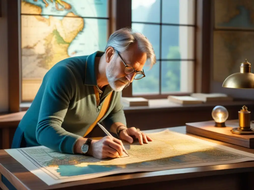 Un cartógrafo experto trabaja en su estudio iluminado por el sol, rodeado de mapas y documentos antiguos