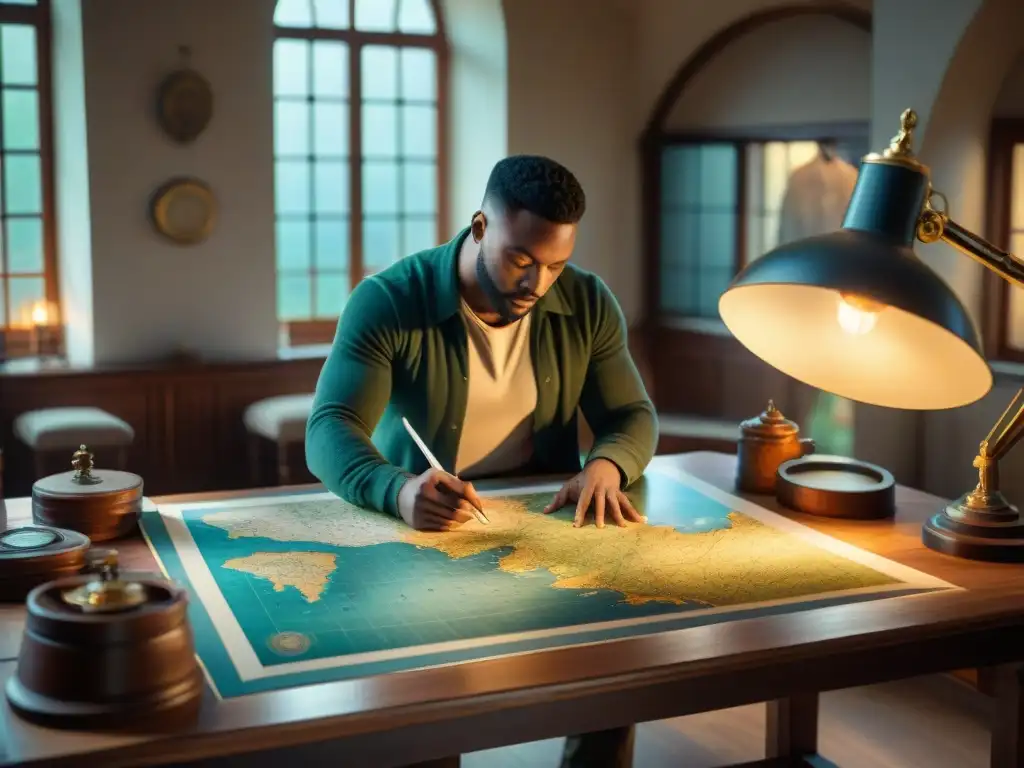 Cartógrafo experto trazando un mapa antiguo con detalle y pasión Un cartógrafo experto traza un mapa detallado en una mesa vintage rodeado de herramientas antiguas, iluminado por la luz natural