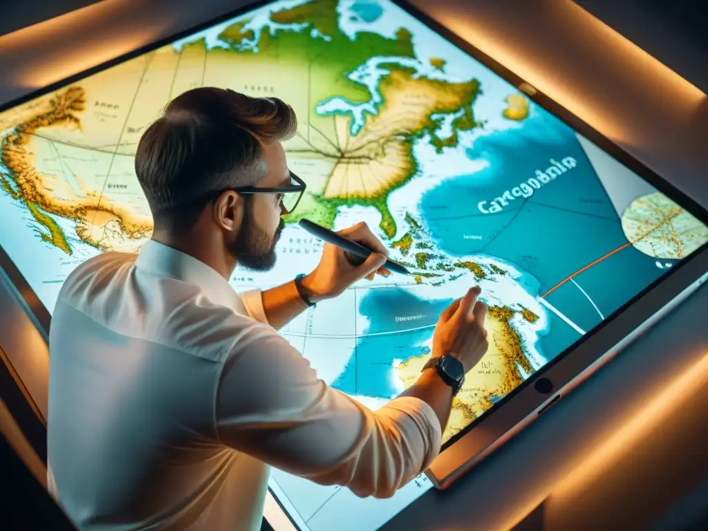 Cartógrafo digital: la fusión de tradición y tecnología Un cartógrafo experto traza un mapa digital en una tableta rodeado de mapas antiguos y globos terráqueos en un estudio iluminado por tenue luz