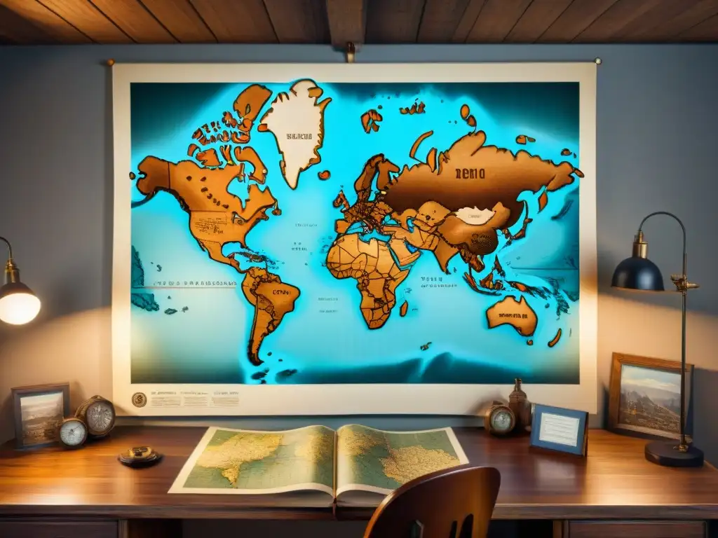 Cartógrafo meticuloso trazando mapa antiguo Un cartógrafo habilidoso dibuja un detallado mapa del mundo en pergamino, rodeado de herramientas antiguas