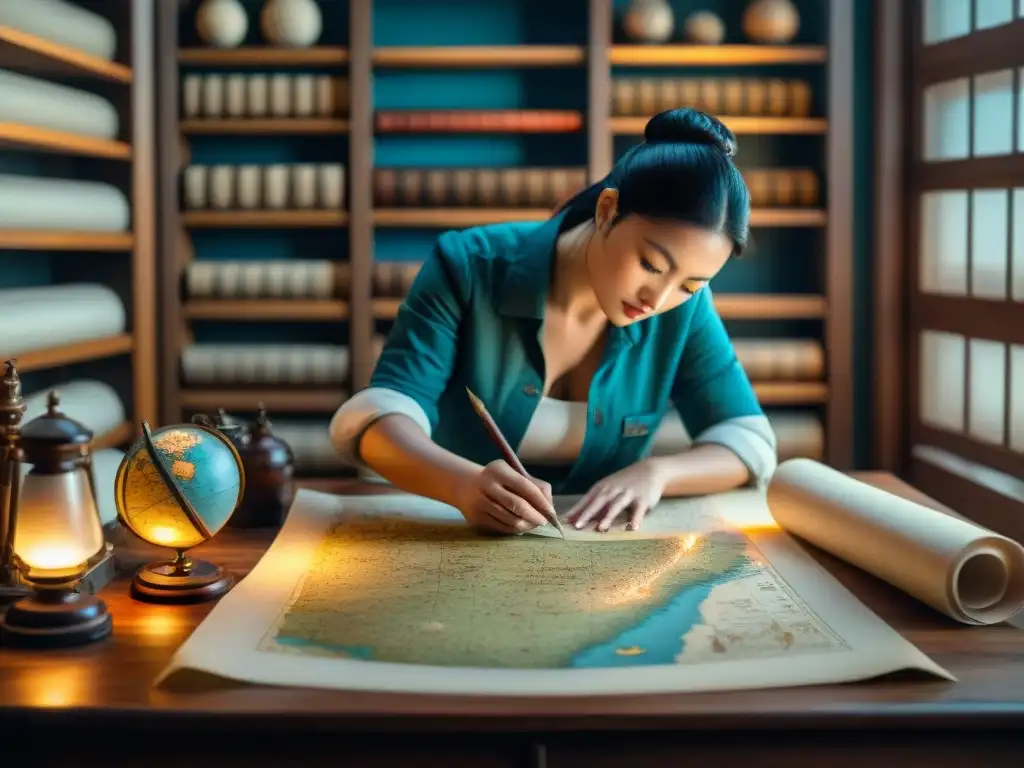 Un cartógrafo histórico detalladamente dibujando un antiguo mapa en pergamino con una pluma, rodeado de herramientas de cartografía en una habitación iluminada por luz natural