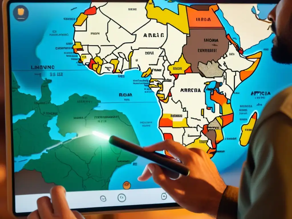 Un cartógrafo detalladamente traza un mapa digital de África en una tableta, rodeado de mapas y globos vintage