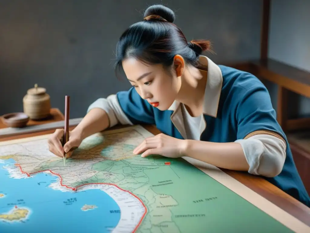 Un cartógrafo detallando un mapa de Corea rodeado de herramientas antiguas de cartografía