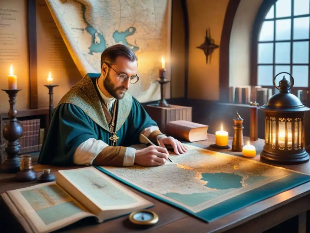 Mapamundi mágico: taller medieval del cartógrafo Un cartógrafo medieval elabora un detallado mapa en su taller repleto de herramientas antiguas
