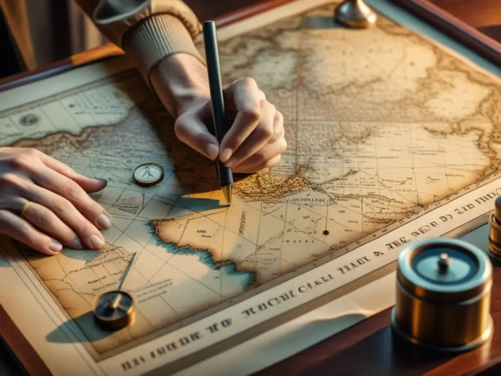Maestro cartógrafo trazando un antiguo mapa en pergamino Un cartógrafo meticuloso dibuja un mapa detallado en pergamino, rodeado de herramientas antiguas