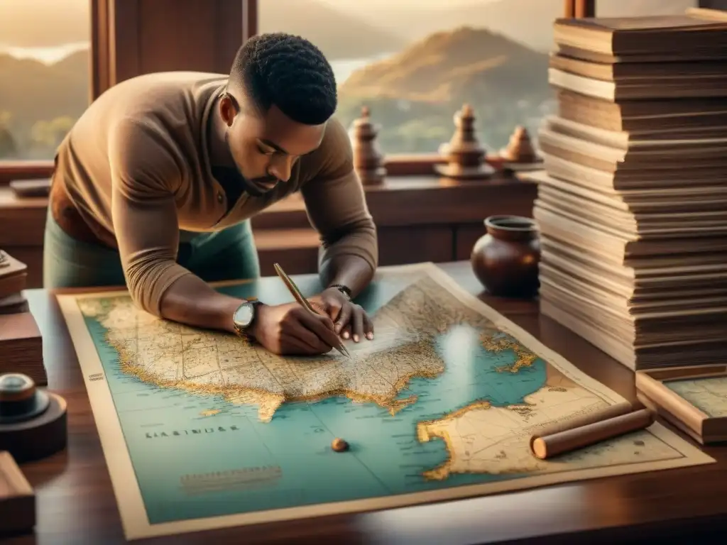 Meticuloso cartógrafo trazando mapa detallado en sepia Un cartógrafo meticuloso traza un mapa a mano rodeado de herramientas y mapas antiguos en tonos sepia