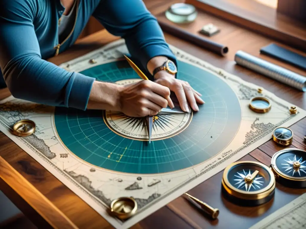Cartógrafo meticuloso crea mapa a mano entre brújulas y mapas antiguos Un cartógrafo meticuloso traza un mapa a mano rodeado de brújulas y mapas antiguos, evocando la evolución cartografía mapas tiempo real