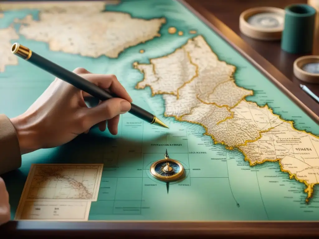 Un cartógrafo meticuloso traza un mapa en una mesa antigua rodeado de instrumentos vintage