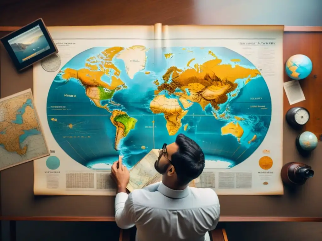 Un cartógrafo meticuloso dibuja un mapa en pergamino antiguo, rodeado de tecnologías avanzadas en cartografía